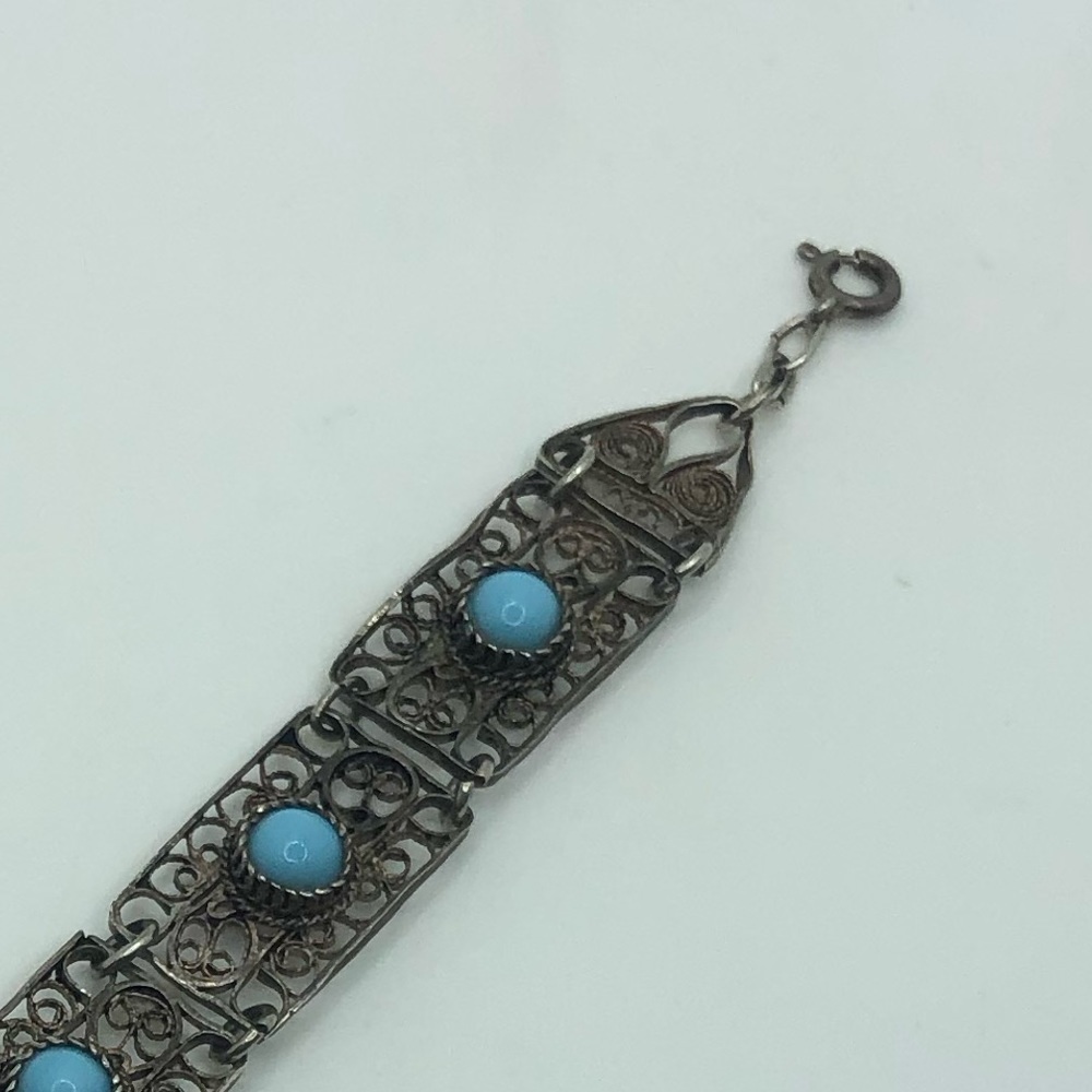 Vtg Sterling Turquoise Cabochon Filigree Panel Link Bracelet 8” - Picture 5 of 8
